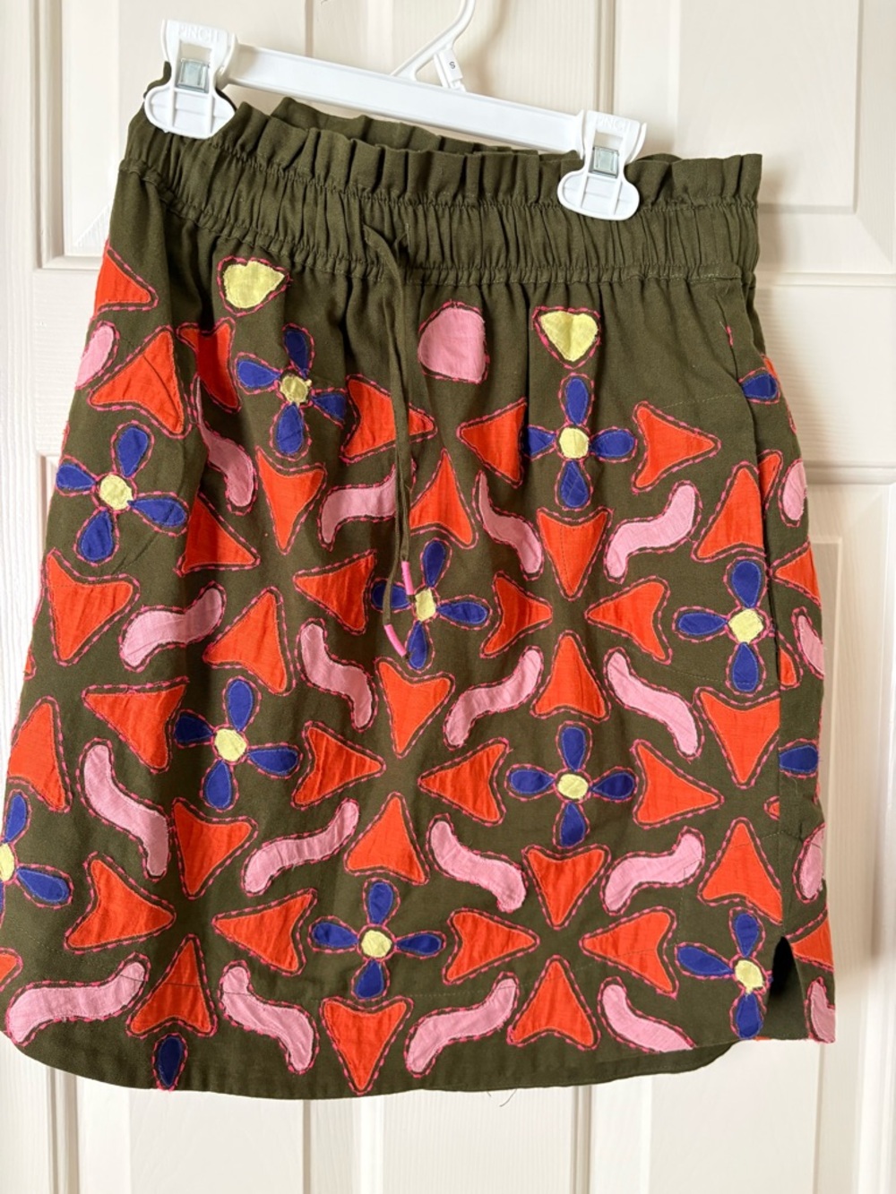 Anthropologie Olive Green Mini Skirt with Red, Pink & Blue Embroidery